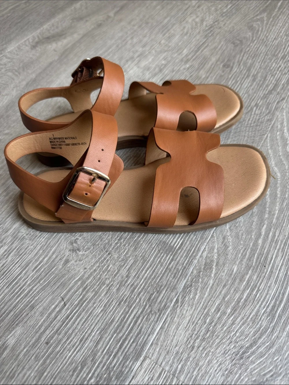 art class Tan Brown Cutout Leather Kids Sandals with Buckle